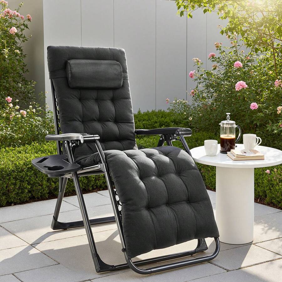 OLIXIS Zero Gravity Chair, Reclining Camping Lounge Chair For Indoor, Reclining Patio Chairs With Cup Holder Trays And Removable Cushion, Folding Recliner For Outdoor, Black - 黑色 - 查看 1