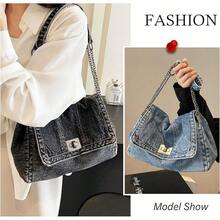 Denim Shoulder Bag For Women Jean Tote Bag Adjustable Chain Strap Crossbody Bags Y2k  Hobo Purse Handbag - Xanh nhạt - Xem 3