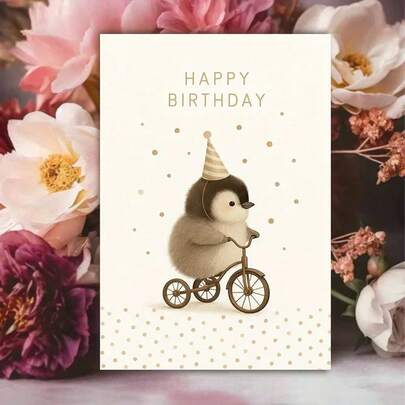 1 felicitare drăguță de ziua de naștere cu pinguin, pălărie de petrecere și bicicletă - design fantastic fantezist, buline aurii, hârtie cartonată premium - include plic pentru prieteni, familie, colegi - felicitare unică pentru el sau ea, papetărie pentru sărbători, design jucăuș, calitate vibrantă a imprimării - ideală pentru oricine (cu plic + felicitare) (11cm x 16cm) felicitare cadou de Crăciun - un cadou potrivit pentru toată lumea, o felicitare potrivită pentru a fi oferită colegilor