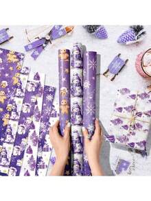 12PCS Purple Christmas Wrapping Paper - Snowman & Floral Design Festive Holiday Gift Wrap, Xmas Party Decorative Wrapping Sheets Christmas Christmas Decorations Christmas Pajamas Christmas Gifts Christmas Decor