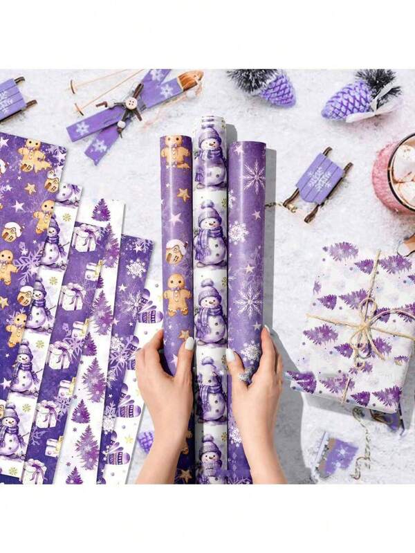 12PCS Purple Christmas Wrapping Paper - Snowman & Floral Design Festive Holiday Gift Wrap, Xmas Party Decorative Wrapping Sheets Christmas Christmas Decorations Christmas Pajamas Christmas Gifts Christmas Decor