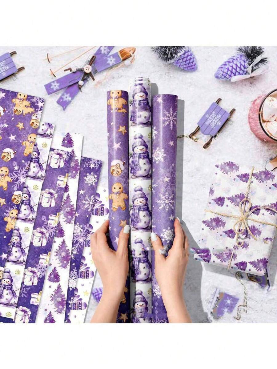 12PCS Purple Christmas Wrapping Paper - Snowman & Floral Design Festive Holiday Gift Wrap, Xmas Party Decorative Wrapping Sheets Christmas Christmas Decorations Christmas Pajamas Christmas Gifts Christmas Decor