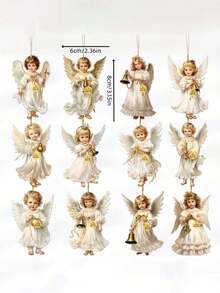 12pcs Angel Wooden Hanging Ornaments - White Angels With Golden Bells & Ribbons, Perfect For Home, Window, Fireplace, And Party Decor, Festive Spring & Country Style, Ideal Gift For Celebrations - Multicolor - View 4