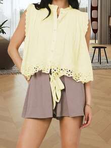 Blusas de verano con botones para mujer, casuales y elegantes, con detalles de ojales, de corte holgado y sin mangas - Amarillo - Ver 2