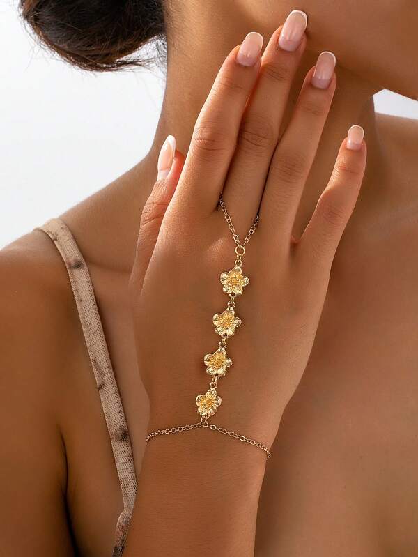 1pc Elegant Pleated Flower Finger Chain, Fashion Accessory For Party And Formal Wear