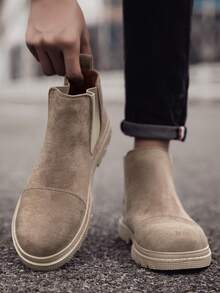 Men's Boots, Round Toe Lace-Up Thick Sole Low Heel PU Shoes, Fashion British Style Work Boots, Casual Men's Boots Suitable For Students, Middle-Aged, Outdoor, Hiking, Travel, Fashionable, Versatile Western Boots - Khaki - View 3