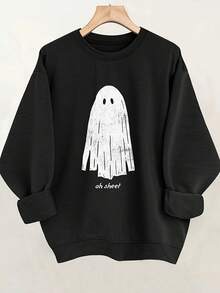 Women's There's Something Scary In This House Ghost And Pumpkin Designs, Printed Sweatshirt - Cozy Fall/Winter Pullover, Long Sleeves, Crew Neck, Casual, Perfect For Halloween Party Outfits, Everyday Fall Fashion And Fall/Winter Outfits, Playful Design, Soft Fabric, Comfortable Material, Fashion Apparel