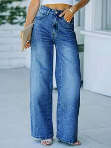Women's Mid-Waist Straight Jeans-Slim Inelastic Fabric, Classic Casual And Versatile Denim Trousers. - Medium Wash - View 10