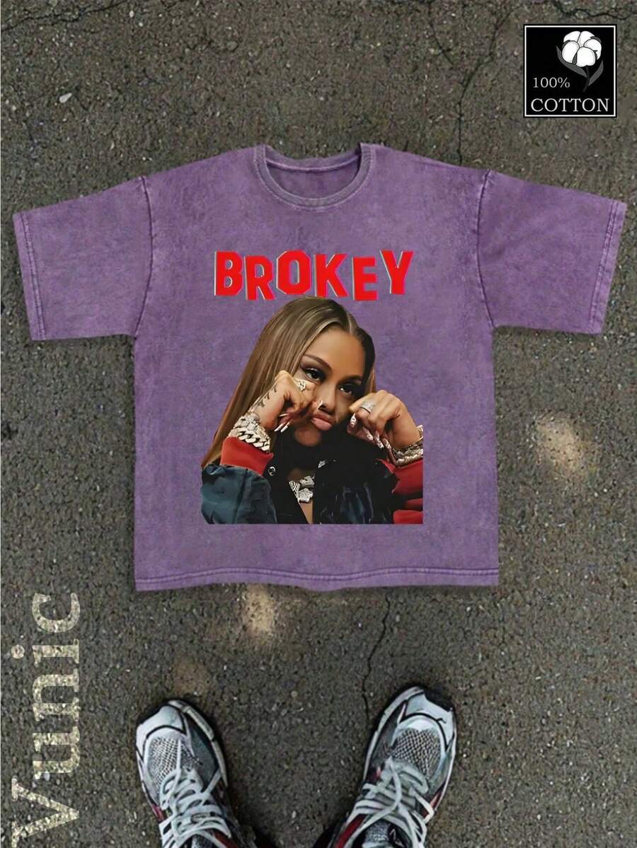 "BROKEY" Graphic Tee - 100% Cotton, Lightweight 220g/M², Casual Hip-Hop Style, Round Neck Short Sleeve T-Shirt, Machine Washable, Perfect For Summer