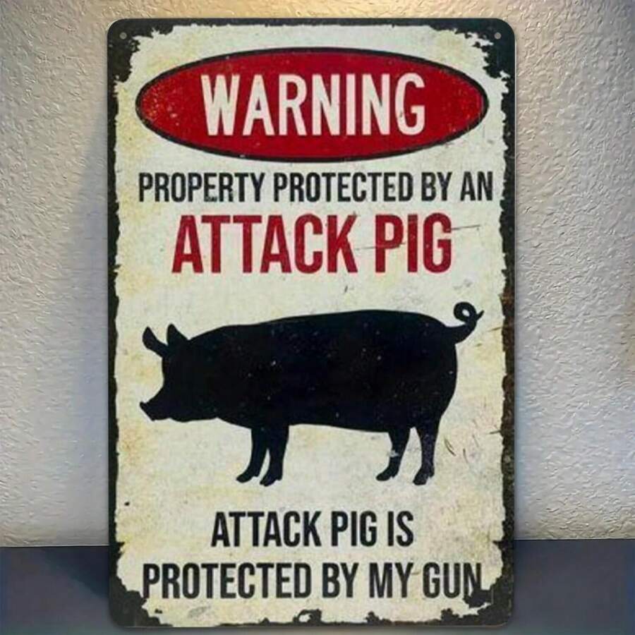 Tin Metal Sign Warning Attack Pig Property Protected Gun Sign Mens Tin Sign Funny Graphic Tee BBQ Grill Master Farm Animal Lover Pig Owner Summer Casual Top Iron Artwork - Multicolor - View 1