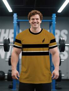 大码男士短袖翅膀印花 T 恤，黄色条纹夏季户外运动透气 T 恤