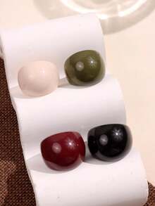 4pcs/Set Fashionable Unique Geometric Minimalist Resin Rings, Oversized Round Rings In Black, Red, Green, White For Women, Suitable For Daily Wear, Holidays And Parties - Multicolor - View 8