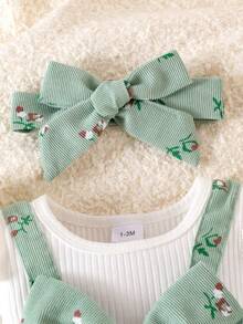2pcs Baby Girl Ditsy Floral Jumpsuit With Bowknot Decor And Headband, Spring/Autumn - Green - View 5