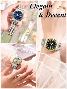 POEDAGAR 1件装女士不锈钢优雅奢华防水夜光日期星期显示石英腕表，女士休闲日常腕表及礼品 - 均碼 - 查看 2