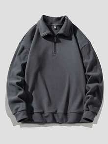 2025 New Autumn/Winter Men's Solid Color Loose Half-Zip Pullover T-Shirt Long Sleeve T-Shirt