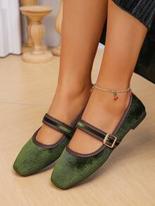 35-43码大码时尚方头平底鞋,低鞋面,适合办公室通勤和日常穿着,军绿色天鹅绒搭扣,可搭配裙装,春秋季芭蕾平底鞋 - 軍綠色金絲絨 - 查看 4
