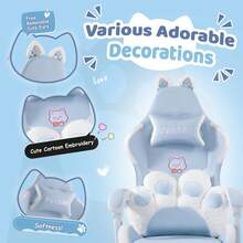 Cute Gaming Chair With Cat Ears & Cat Paw Lumbar Support, Ergonomic Reclining PC Chair, With Footrest, Headrest & Adjustable Features,Halloween Decor - 藍色 - 查看 5
