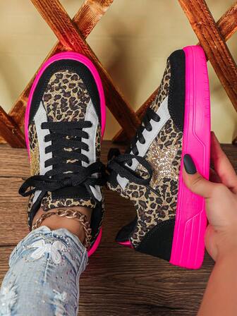 Fall/Winter Black & Gold Leopard Print Fashionable Skateboarding Shoes, Sexy & Elegant Rose Red Sole, Lace-Up, Round Toe, Low-Top, Multi-Purpose, Holiday Gift, Casual Wear, Party, Women Sports Shoes,Sneakers For Women