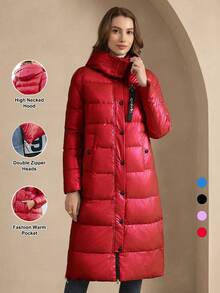 ZIAI Women's Fashionable Red Down Jacket, Long Sleeve With Zipper Pockets, Mid-Length, Stylish Winter Outerwear - Red - View 3