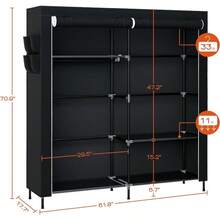 Portable Closet 61.8 Inch Large Capacity Wardrobe Closet With Cover Clothes Storage Organizer With Shelves And 2 Hanging Rods Easy To Assembly Black PCT222B01