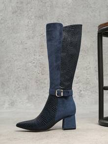 秋冬女式性感时尚皮带扣装饰尖头粗高跟休闲百搭侧拉链蓝色过膝靴，及膝靴 - 藍色 - 查看 6