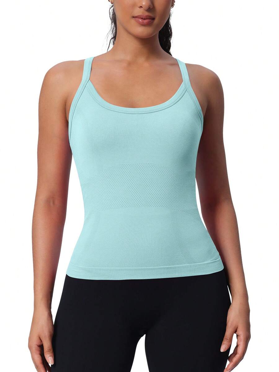 Camisetas sin mangas para entrenamiento MathCat para mujer con sujetador incorporado, camisetas sin mangas para gimnasio, camisetas deportivas para yoga con espalda cruzada sin costuras - Azul cian - Ver 1