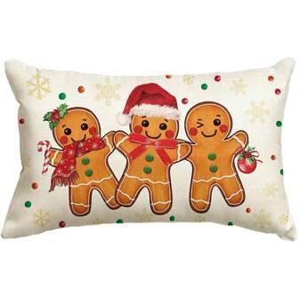 1PC Christmas Gingerbread Man Snowflake Throw Pillow Cover 12 X 20 Inch Winter Vacation Cushion Box Decorative Sofa Single Side No Pillow Core
