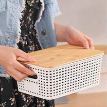 6-Piece Bamboo Covered Plastic Storage Basket, Large Capacity Storage Basket, Stackable Plastic Storage Container, Suitable For Home, Office, Game Room - Home Storage Box - 白色 - 查看 6