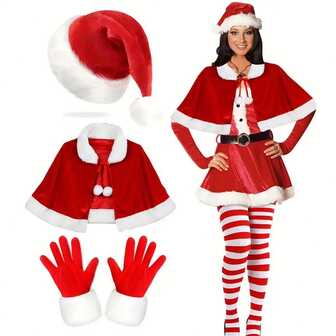 3 st Julpäls Sammetsmantel Röd Fru Jultomte Sjal Cape Julfest Cosplay Kostymer Med Tomtehatt För Kvinnor