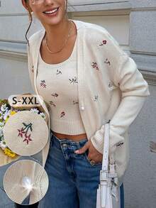 女式刺绣花卉细节可爱 Y2K 优雅休闲度假户外草坪露营音乐节日常聚会乡村前扣开衫刺绣针织纽扣毛衣背心上衣白色服装，适合秋冬、春秋季 - 白色 - 查看 2