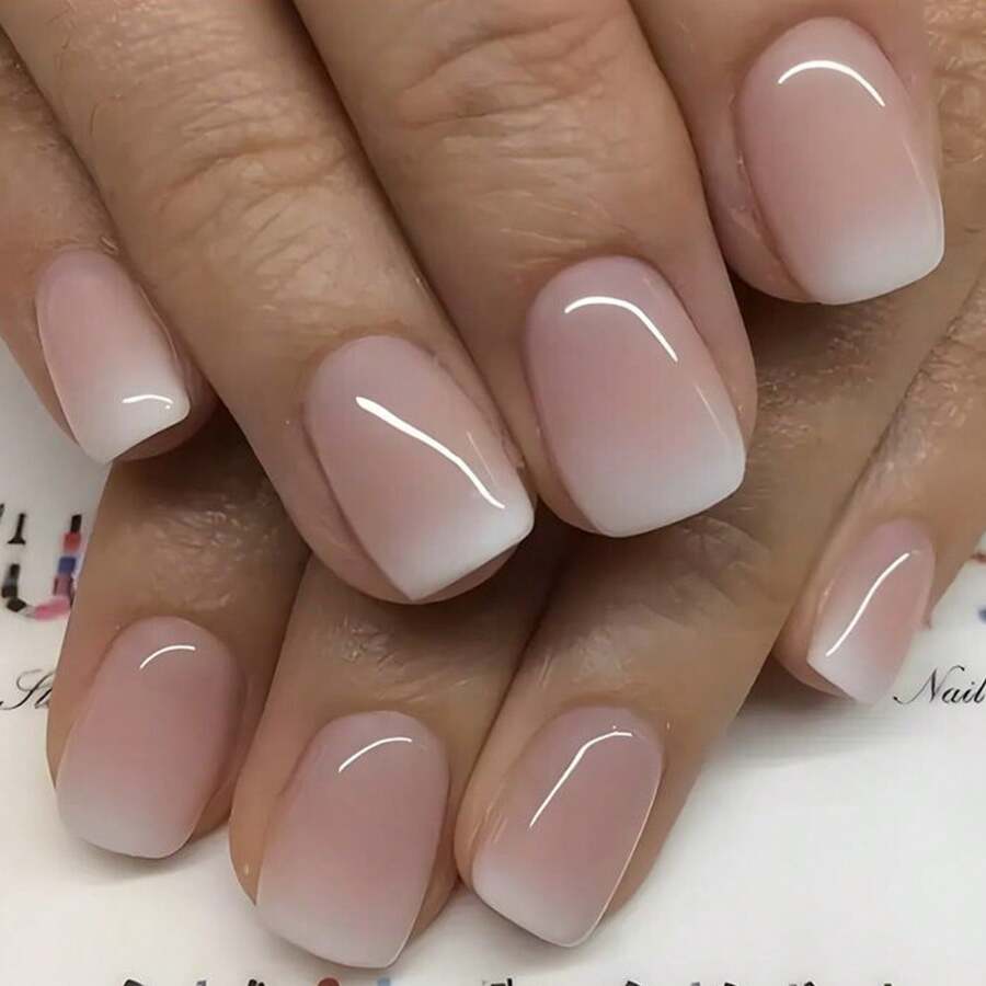 24pcs Short Square Press On Nails, Glossy French Ombre Gradient False Nails, Natural Nude White Fake Nails Kit With Jelly Glue & File - hồng - Xem 1