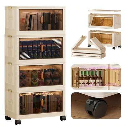 Cajas de Almacenaje de 4 Niveles con 4 Tapas, Caja de Almacenaje de Plástico con Tapa, 35L*4 Cajas de Almacenaje Apilables con Ruedas, Caja Plegable, Baño, Organizador para Dormitorio Estudio Oficina