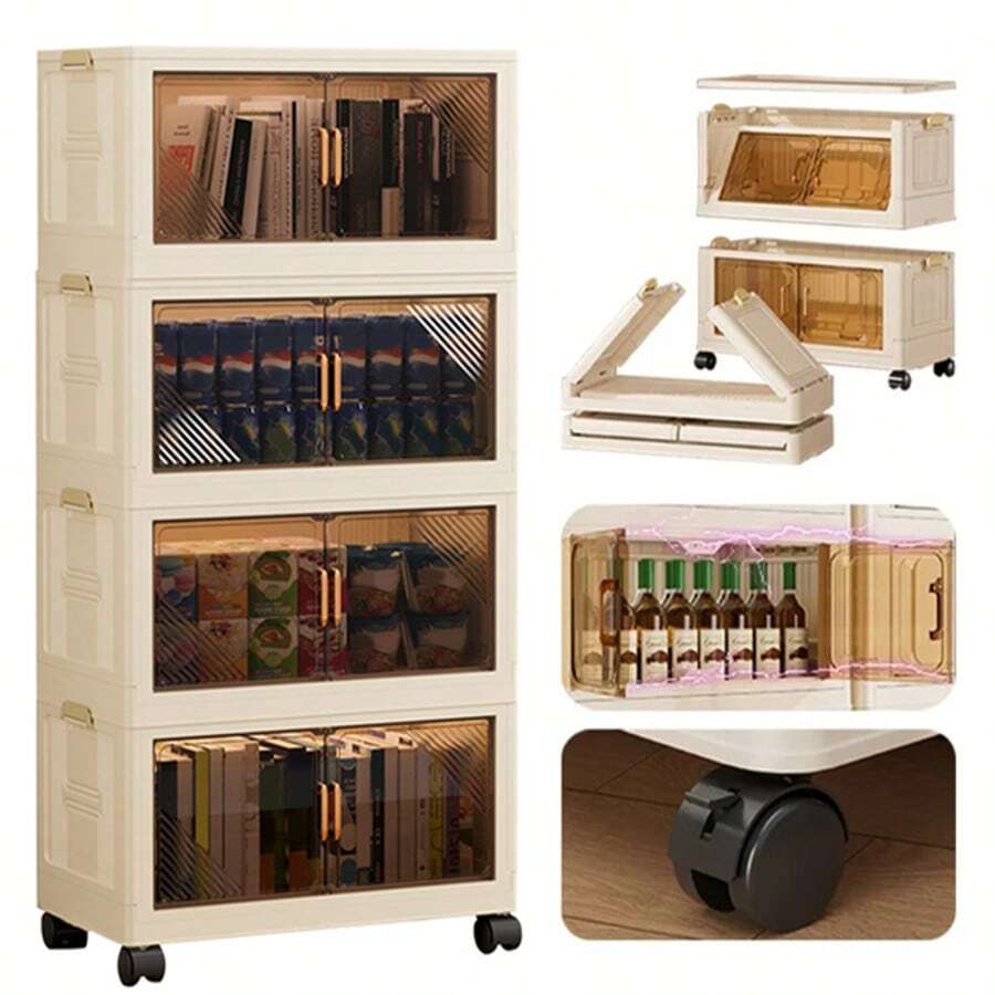 4-Tier Storage Boxes With 4 Lids, Plastic Storage Box With Lid, 35L X 4 Stackable Storage Boxes With Wheels, Foldable Box, Bathroom, Organizer For Bedroom, Study, Office - 杏色 - 查看 1
