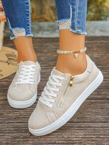 Women's New Blue Snake Skin Pattern Classic Side Zipper Casual Shoes, Fashion Versatile Lace-Up Platform Sneakers, Thick Sole Increase Height, Suitable For Students, Running, Hiking, Skateboarding - Beige - View 4