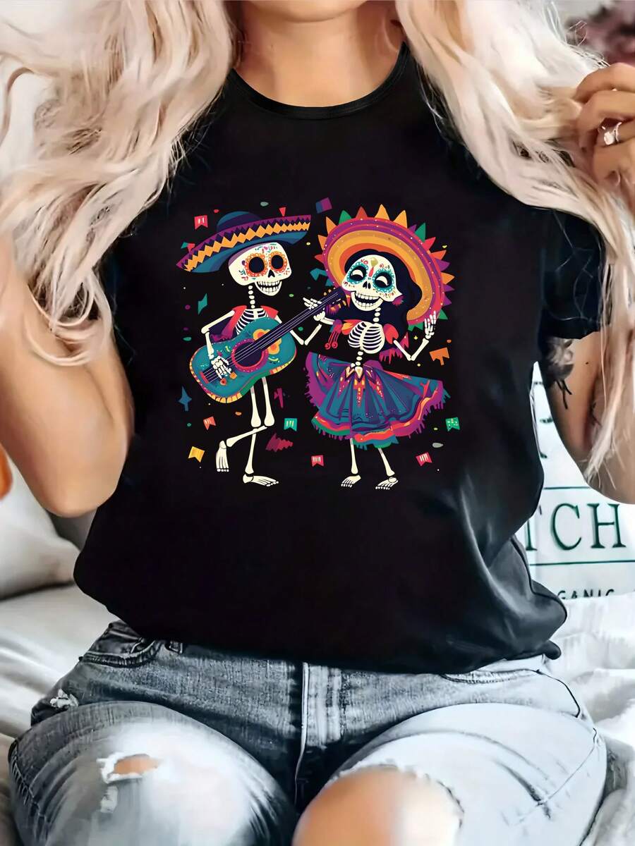 Camiseta Casual para Mujeres, Estilo del Día de los Muertos Mexicano, Diseño de Calavera Colorido y Alegre Lleno de Vitalidad - Cuello Redondo, Manga Corta, Tela Cómoda, Top para Todas las Estaciones, Camiseta de Uso Diario |   Camiseta gráfica |   Top elástico - Negro - Ver 1