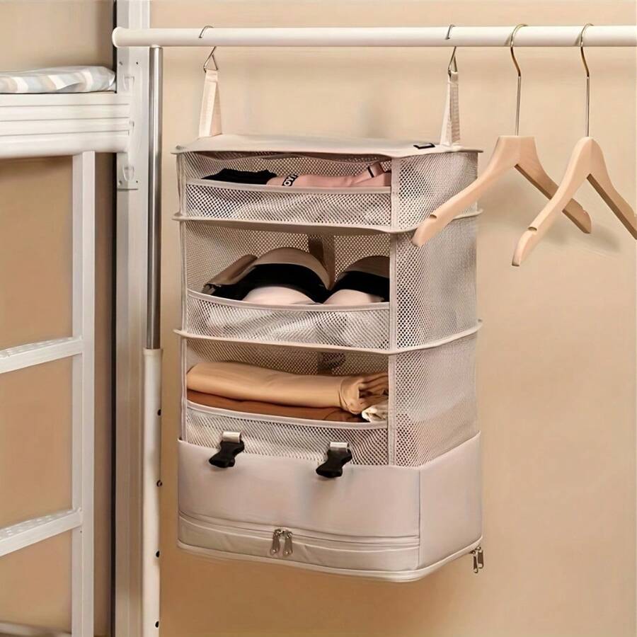 1 قطعة منظم أمتعة سفر بيج - مكعب تعبئة قابل للطي معلق مع أقسام متعددة للحمالات والملابس الداخلية والملابس، حل تخزين قماشي محمول لتنظيم الحقيبة اليدوية والحقيبة، منظم سفر، مكعب متعدد الأقسام، سحاب