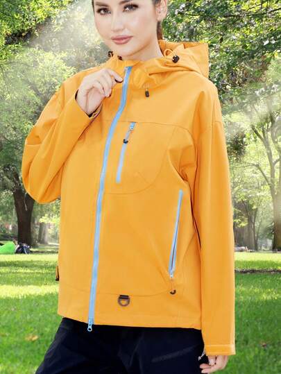 Giacca antivento con cappuccio, maniche lunghe, scollo a goccia, zip frontale e coulisse, per uso all'aperto, da donna