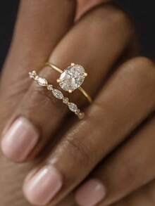 2pcs Elegant Promise Rings, Oval Cut Synthetic Cubic Zirconia Inlaid, Suitable For Women's Wedding, Party And Banquet. Romantic Engagement And Wedding Rings