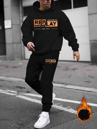 Men Casual Street English Letter Print Hoodie And Sweatpants Set, Fall/Winter Clothes