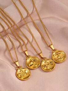 1pc Stainless Steel 12 Zodiac Signs Reversible Pendant, Suitable For Men And Women Daily Wear, Birthday Gift (Without Chain) - Gold - View 8
