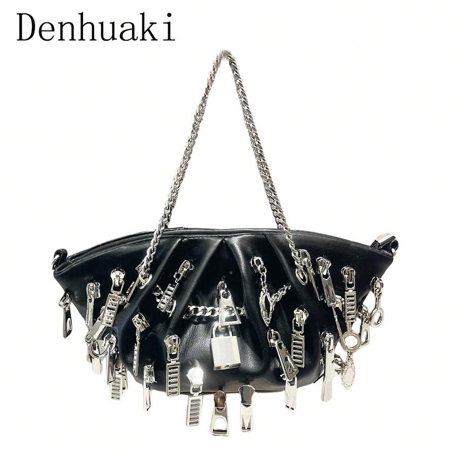 Denhuaki Fashionable Pu Leather Handmade Bag Metal Zipper Head Decoration Rock Style Crossbody Bag Shoulder Bags Banquet Bag - màu đen - Xem 1