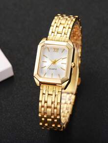 1pc Women's Fashion Square Roman Numeral Dial Quartz Wrist Watch, Classic & Elegant - Gold - View 5