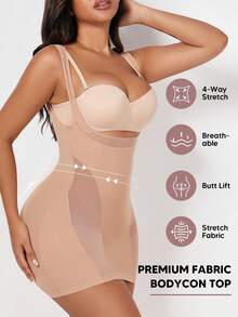 Women's Open Bust Sculpting Chest Dress Support Body Shaper-Dress Mesh One Piece Full Slip Tummy Control Shapewear With Adjustable Strap