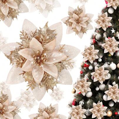 10 件装圣诞闪光一品红人造花装饰品，鲜花装饰，闪光一品红花瓶装饰品，适用于圣诞树、家居装饰、派对、婚礼、情人节装饰，香槟金圣诞装饰，房间装饰，冬季圣诞装饰，家居圣诞礼物，圣诞装饰