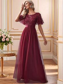 Fall Floral Sequin Dress Mesh Elegant Vintage Burgundy Semi Formal Dress Evening Dress For Party Dinner Wedding Guest Gown
