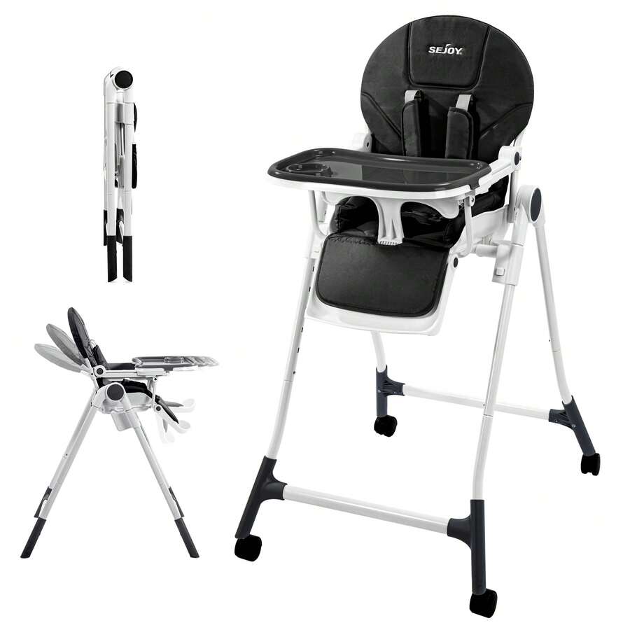 Sejoy Baby High Chair For Babies & Toddlers With 4 Wheels, For 6 Months-3 Years, Up To 110 Lbs/50kg, Removable Tablet, Adjustable Backrest Footrest Tablet Positions Seat Heights, Stand-Alone - 黑色 - 查看 1