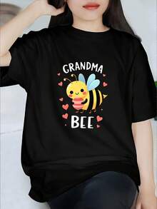 Grandma Bee With Hearts Design Women's T-shirt / Cartoon Animal Style Casual Shirt 100% cotton, soft and comfortable, street fashion, to match with women's pants Halloween, Christmas gifts, sportswear, national shipping - Negro - Ver 2
