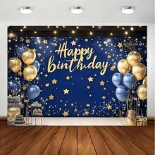 2D Flat Navy Blue And Gold Balloon Happy Birthday Background Banner, Polyester Material, Birthday Party Photo Backdrop, Party Decoration, Multipurpose Seasonal Decor - No Power, Royal Background Cloth