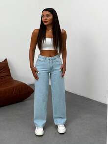 Kadın Koyu Mavi Soluk Efekt Likralı Yüksek Bel Geniş Paça Bol,Salaş Palazzo Jeans - Teal Blue - View 6