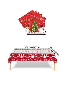 2 pièces Set de Nappe et Serviettes de Noël, avec des éléments de Noël tels que des sapins de Noël, bonhommes de neige, cerfs, cloches, etc. Convient pour les rassemblements de Noël, la décoration de la maison pour Noël et les décorations de fête de Noël.
